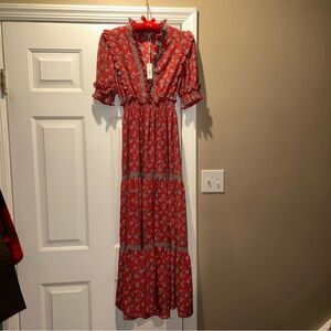 NEW Max Studio Maxi Dress Small Smocked Waist Red Floral Ruffle Hippie Bohemian